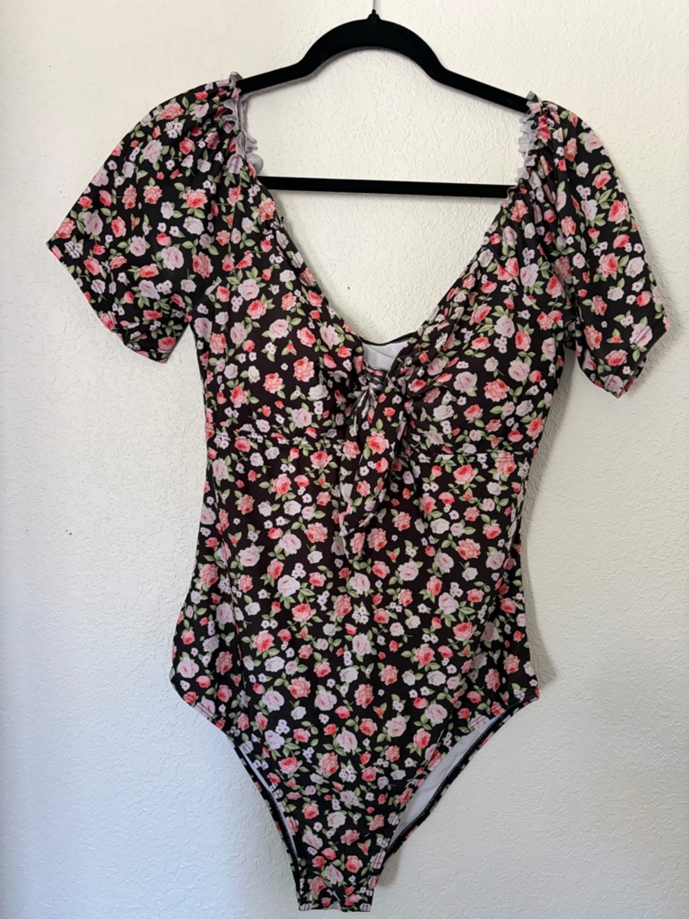 SHEIN Black Floral One-Piece Swimsuit with Pink and White Flowers